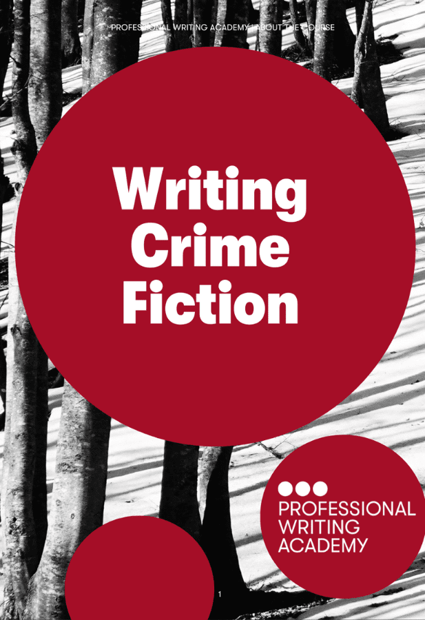 Writing Crime Fiction graphic on red circle over black and white background with Professional Writing Academy logo in lower right corner